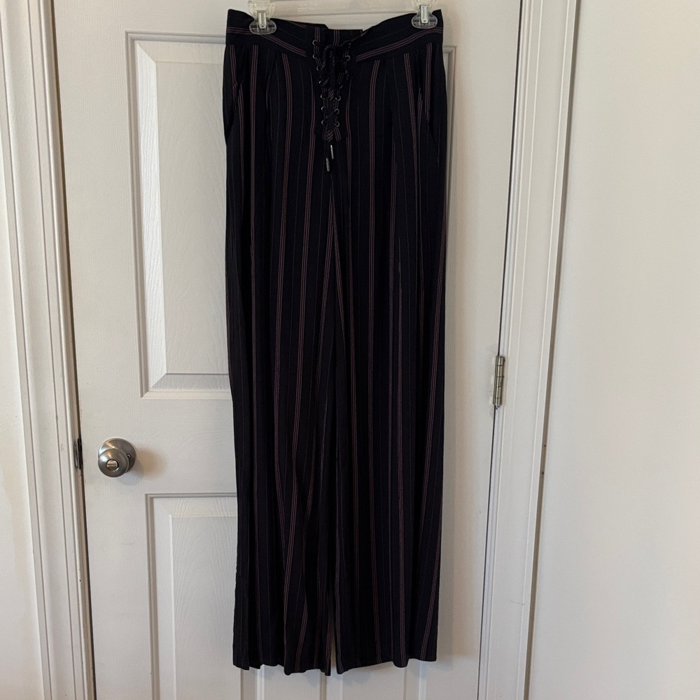 Paige: Black Pants with Burgandy Stripes Wide Leg